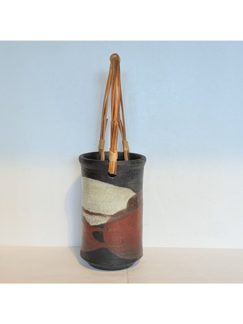 Warren Andrade Raku Pottery Vase 1999 Bamboo Handle Hawaii Artist 12"H w/ handle - Picture 4 of 8